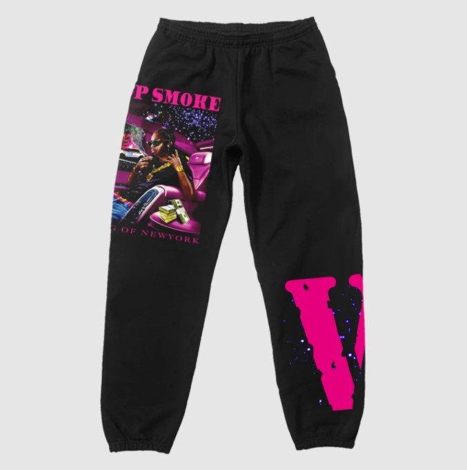 Pop Smoke X Vlone King Of NY SweatPants in black, Limited edition collaboration sweatpants, Iconic streetwear inspired by Pop Smoke, Vlone King Of NY black sweatpants