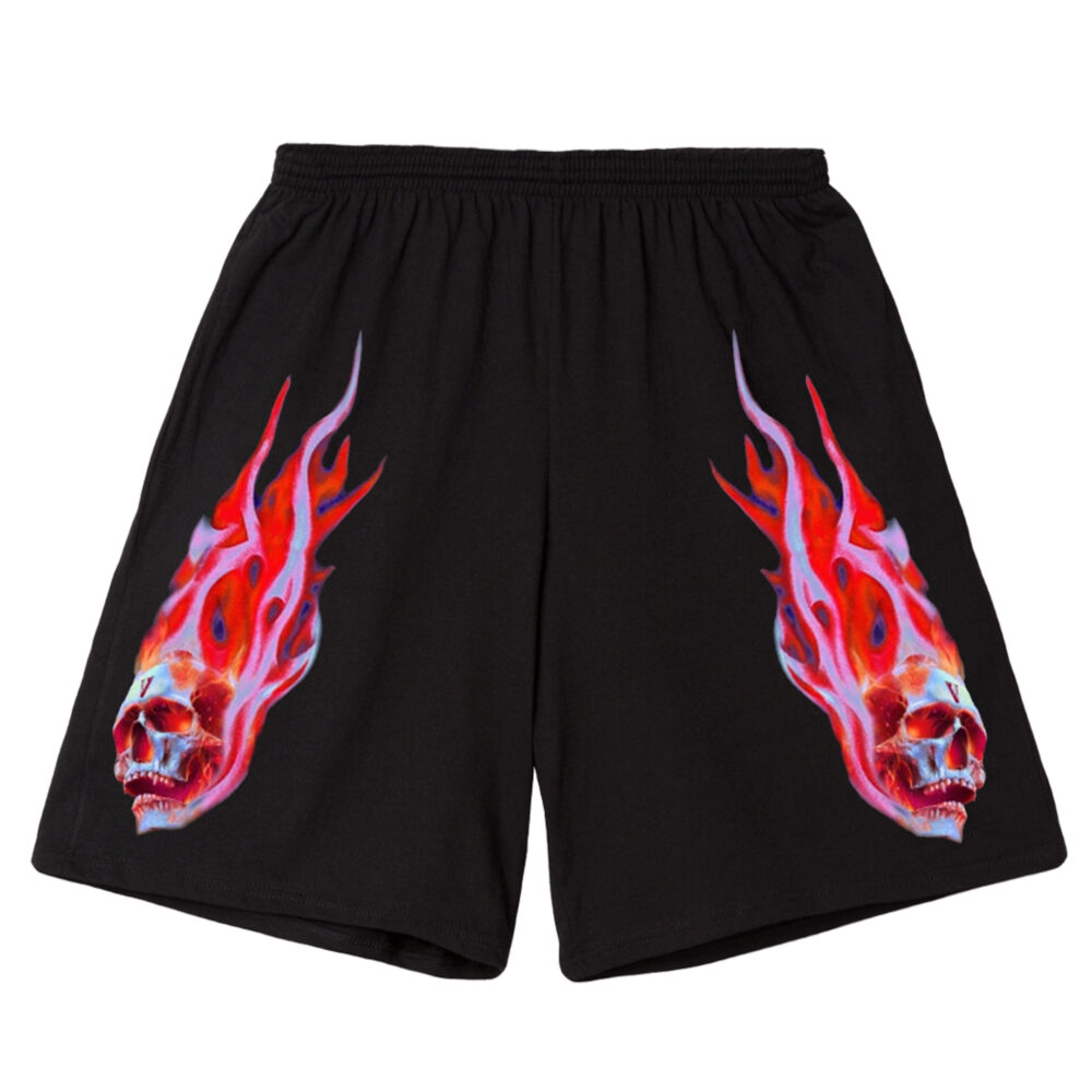 "Red Flame Black Shorts by Vlone Skully, a fiery addition to your wardrobe."