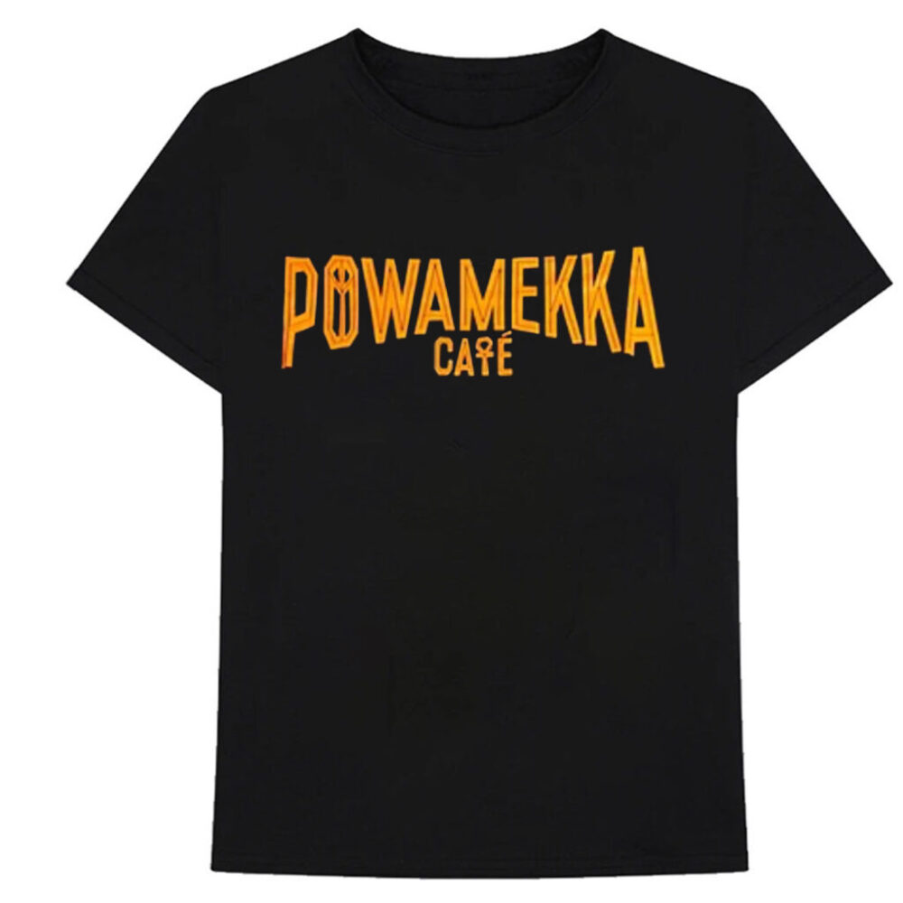 Black Tupac's Powamekka Cafe T-Shirt, Vlone x Tupac collaboration, paying homage to creativity and iconic style."