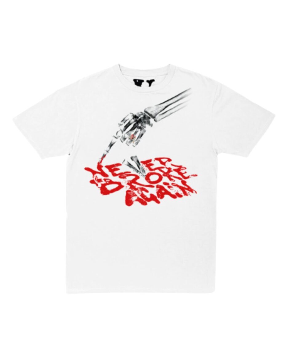 he "Never Broke Again Vlone Bones Tee – White" is a white t-shirt featuring a design from the "Never Broke Again" brand in collaboration with "Vlone."