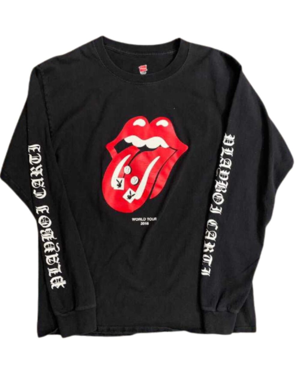 Artist Collaboration: Playboi Carti x Rolling Stones Long Sleeve Color: Black Design: Rolling Stones graphic Material: High-quality fabric blend Fit: Comfortable and stylish Sizes: Available in various sizes Style: Fusion of Carti's urban flair and Rolling Stones' iconic imagery Statement Piece: Showcase your connection to both Carti and Rolling Stones Versatile: Suitable for bold and music-inspired looks Expression: Embody the synergy of contemporary music and classic rock