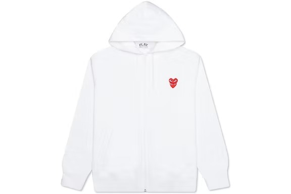 CDG Play Red Stacked Heart Zip Up Hoodie – White