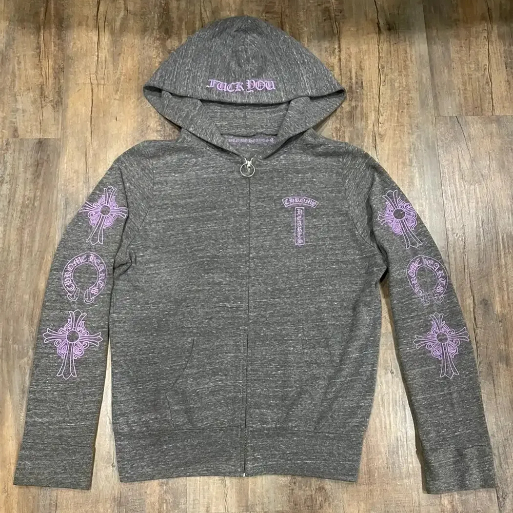 RARE Chrome Hearts Floral Cross Pink Logo Zip Up Grey Hoodie